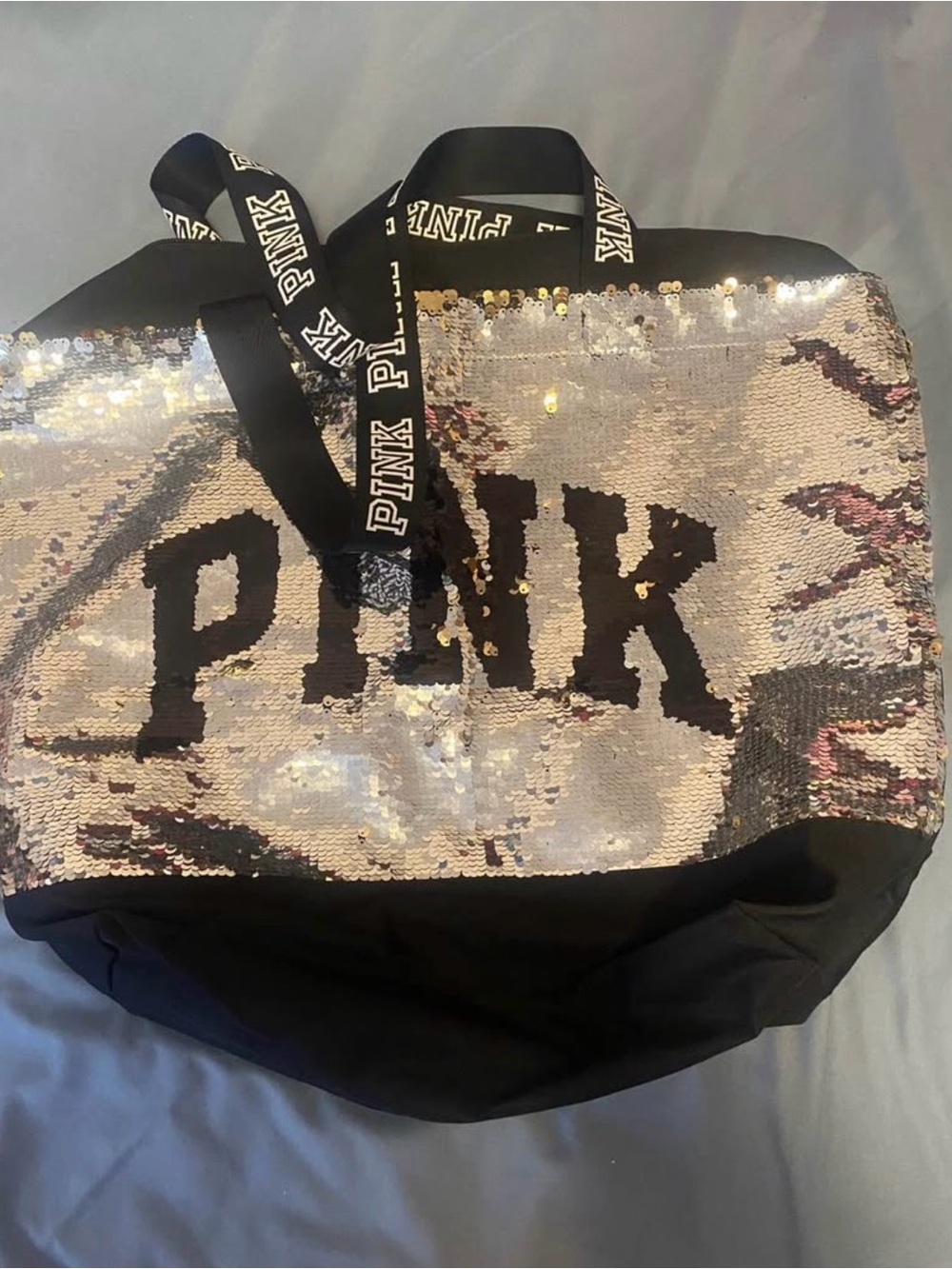 PINK Victoria's Secret Reversible Sequin Tote in Silver and Black